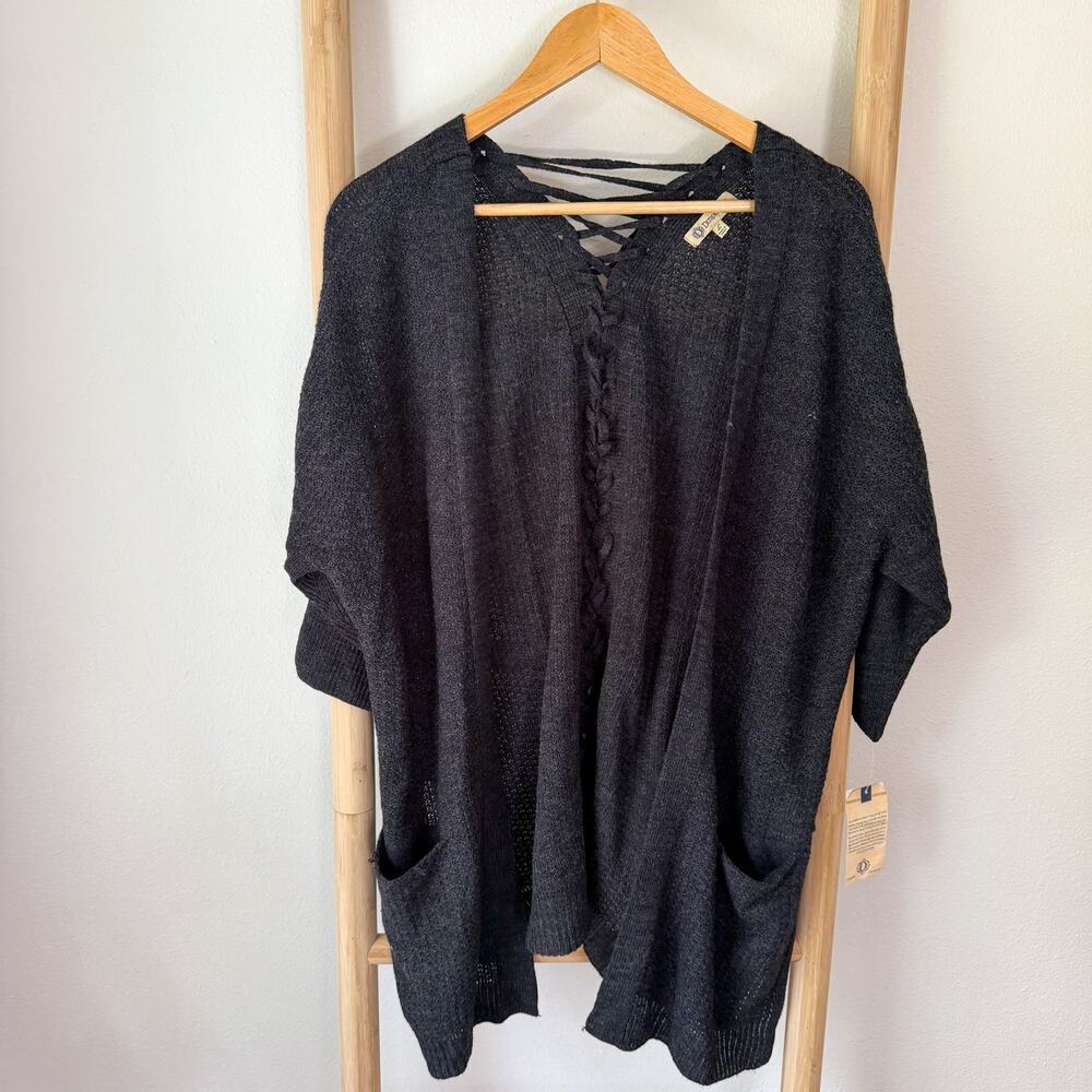 NWT Democracy Black Open Knit Lace Up Cardigan Sweater Large